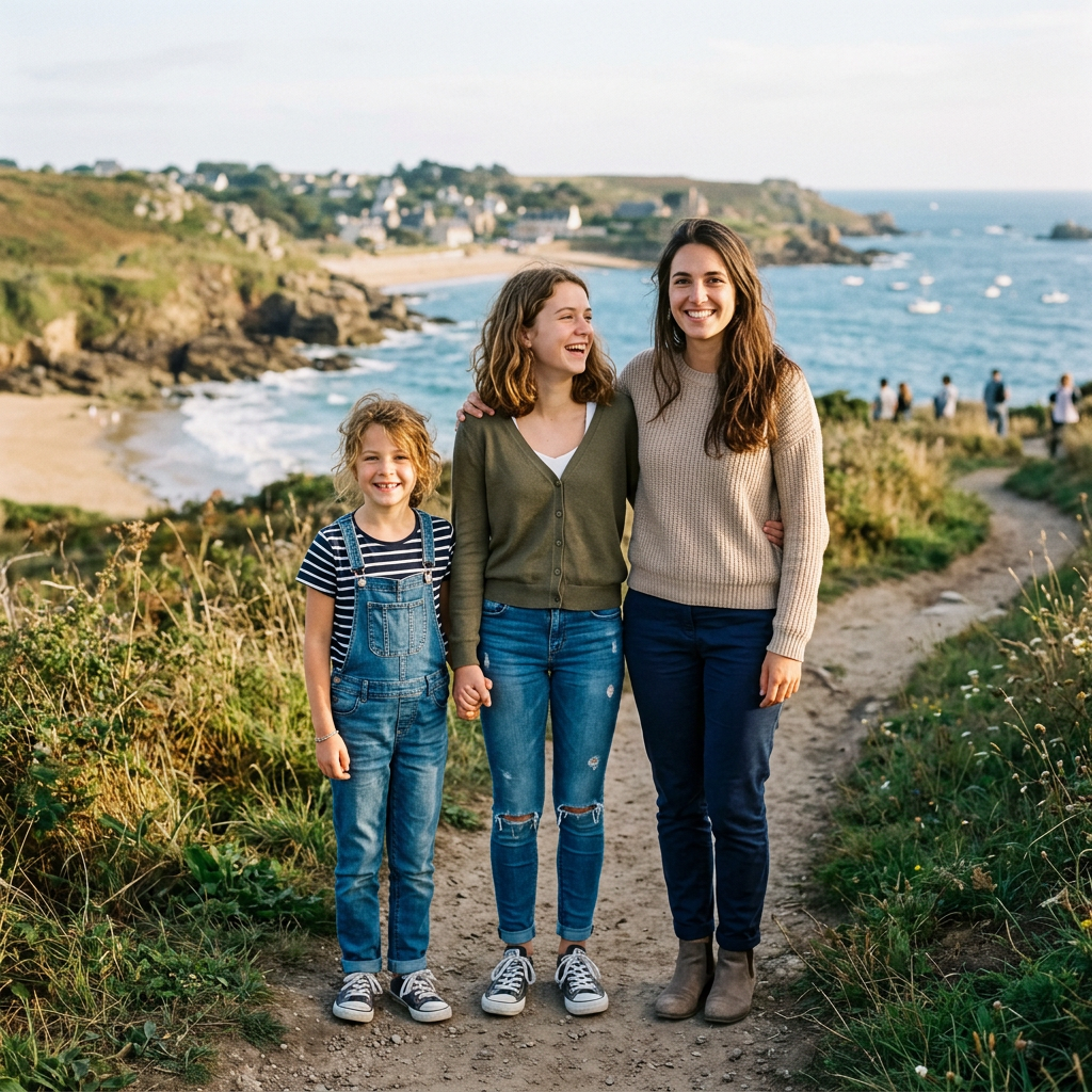 Three females standing on a coastal trail with the ocean and rocky shore in the background